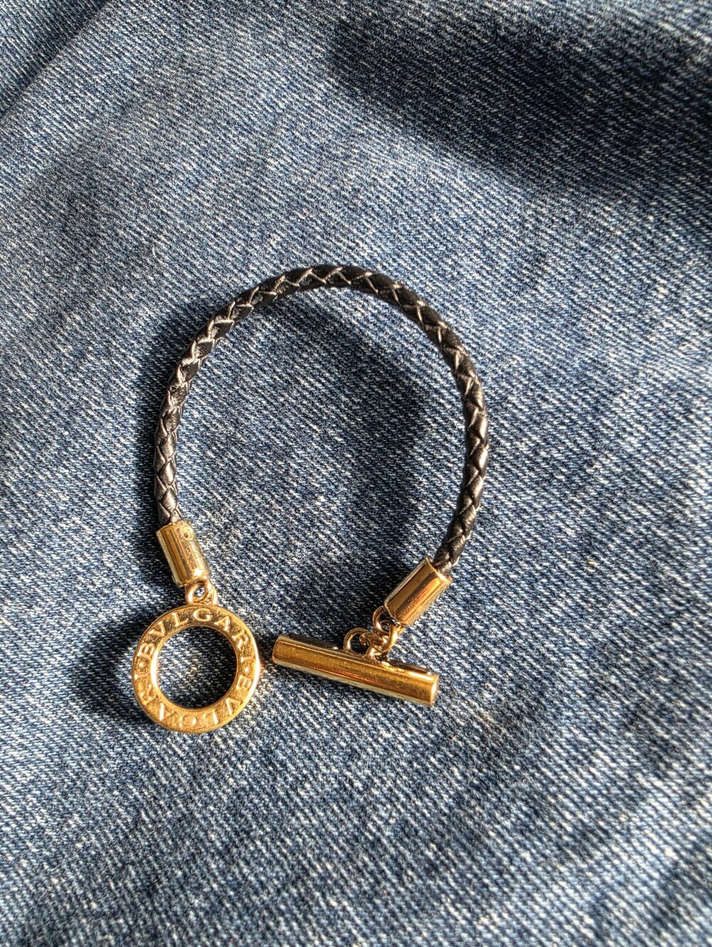Authentic BVLGARI Gold-Tone Toggle Leather Bracelet